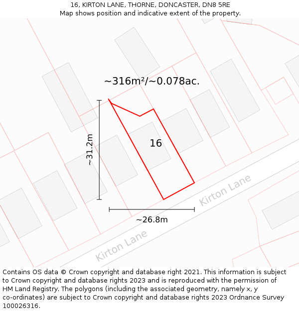 16, KIRTON LANE, THORNE, DONCASTER, DN8 5RE: Plot and title map