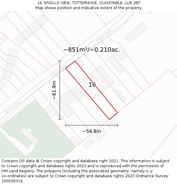 16, KNOLLS VIEW, TOTTERNHOE, DUNSTABLE, LU6 2BT: Plot and title map