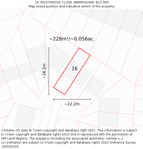 16, KNUTSWOOD CLOSE, BIRMINGHAM, B13 0EN: Plot and title map
