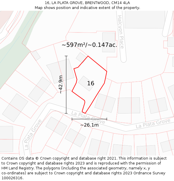 16, LA PLATA GROVE, BRENTWOOD, CM14 4LA: Plot and title map