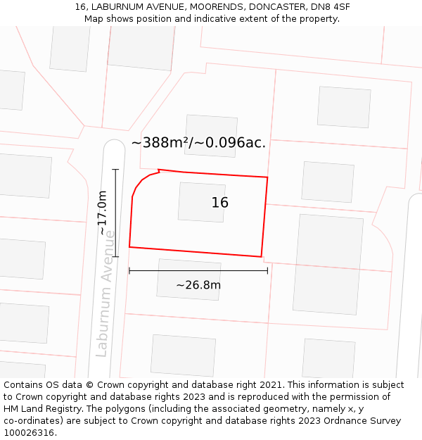 16, LABURNUM AVENUE, MOORENDS, DONCASTER, DN8 4SF: Plot and title map