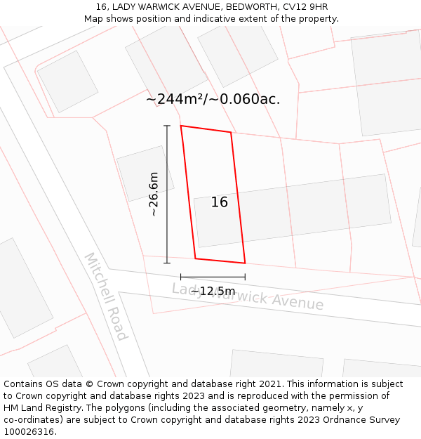 16, LADY WARWICK AVENUE, BEDWORTH, CV12 9HR: Plot and title map