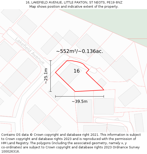 16, LAKEFIELD AVENUE, LITTLE PAXTON, ST NEOTS, PE19 6NZ: Plot and title map