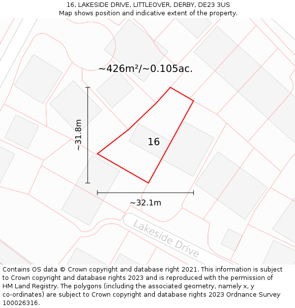 16, LAKESIDE DRIVE, LITTLEOVER, DERBY, DE23 3US: Plot and title map