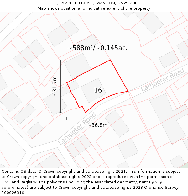 16, LAMPETER ROAD, SWINDON, SN25 2BP: Plot and title map
