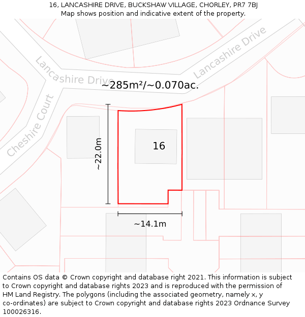 16, LANCASHIRE DRIVE, BUCKSHAW VILLAGE, CHORLEY, PR7 7BJ: Plot and title map