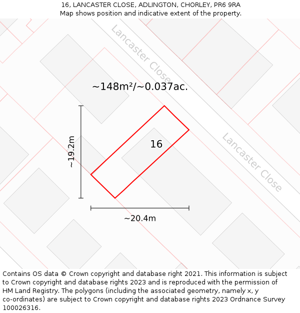 16, LANCASTER CLOSE, ADLINGTON, CHORLEY, PR6 9RA: Plot and title map
