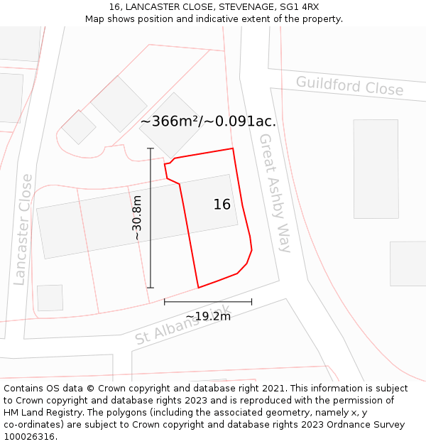 16, LANCASTER CLOSE, STEVENAGE, SG1 4RX: Plot and title map
