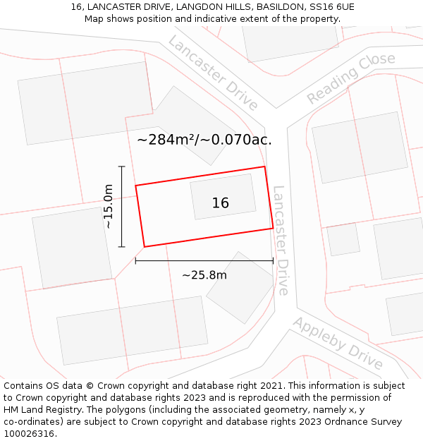 16, LANCASTER DRIVE, LANGDON HILLS, BASILDON, SS16 6UE: Plot and title map