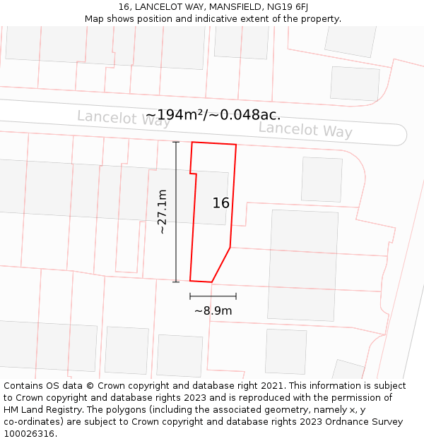 16, LANCELOT WAY, MANSFIELD, NG19 6FJ: Plot and title map