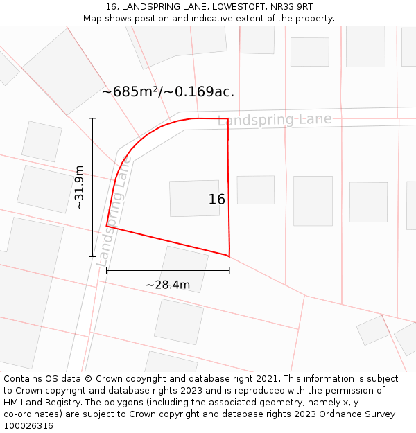 16, LANDSPRING LANE, LOWESTOFT, NR33 9RT: Plot and title map