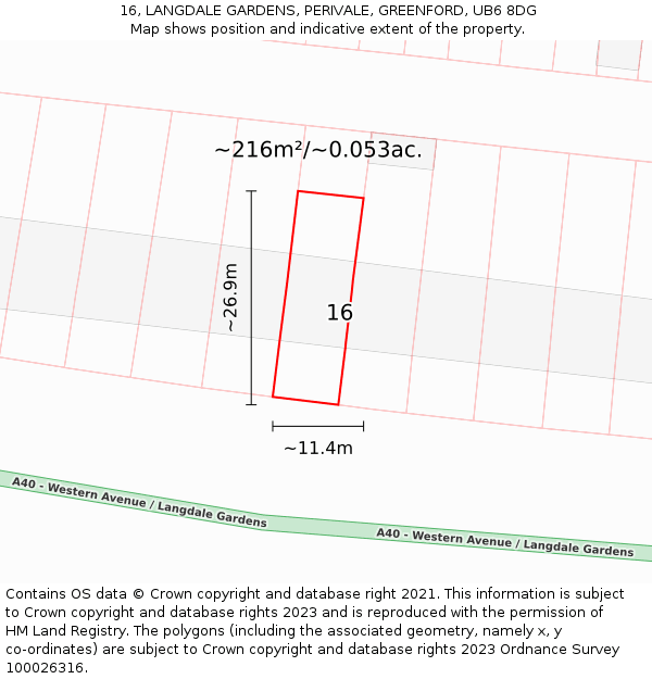 16, LANGDALE GARDENS, PERIVALE, GREENFORD, UB6 8DG: Plot and title map