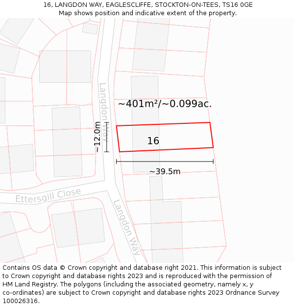 16, LANGDON WAY, EAGLESCLIFFE, STOCKTON-ON-TEES, TS16 0GE: Plot and title map
