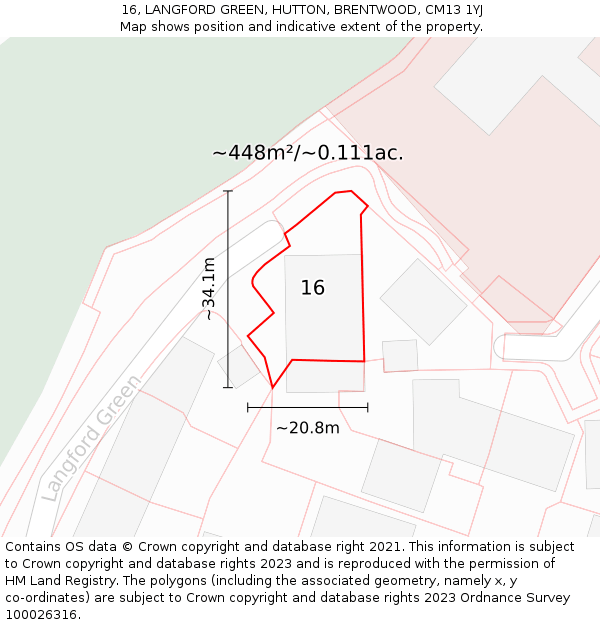 16, LANGFORD GREEN, HUTTON, BRENTWOOD, CM13 1YJ: Plot and title map
