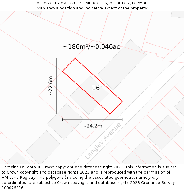 16, LANGLEY AVENUE, SOMERCOTES, ALFRETON, DE55 4LT: Plot and title map