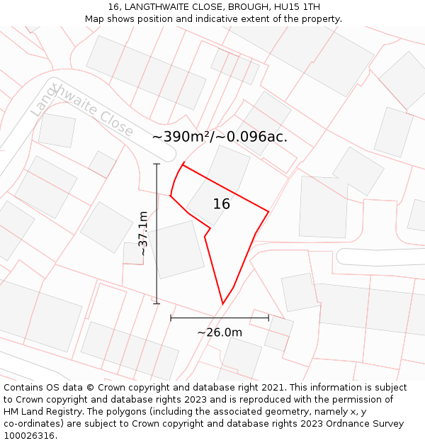16, LANGTHWAITE CLOSE, BROUGH, HU15 1TH: Plot and title map