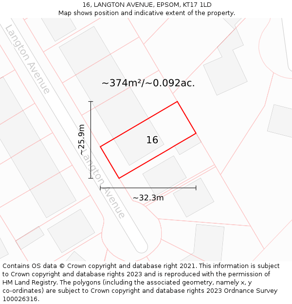 16, LANGTON AVENUE, EPSOM, KT17 1LD: Plot and title map