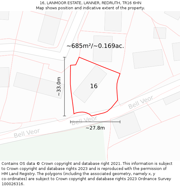 16, LANMOOR ESTATE, LANNER, REDRUTH, TR16 6HN: Plot and title map