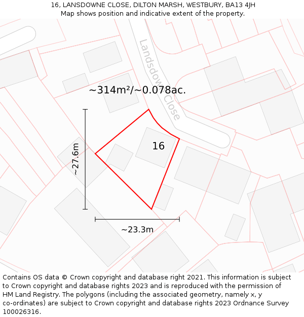 16, LANSDOWNE CLOSE, DILTON MARSH, WESTBURY, BA13 4JH: Plot and title map
