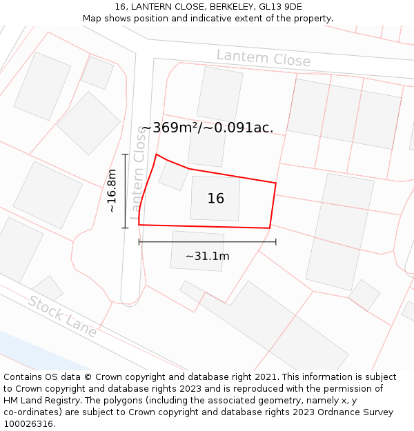 16, LANTERN CLOSE, BERKELEY, GL13 9DE: Plot and title map