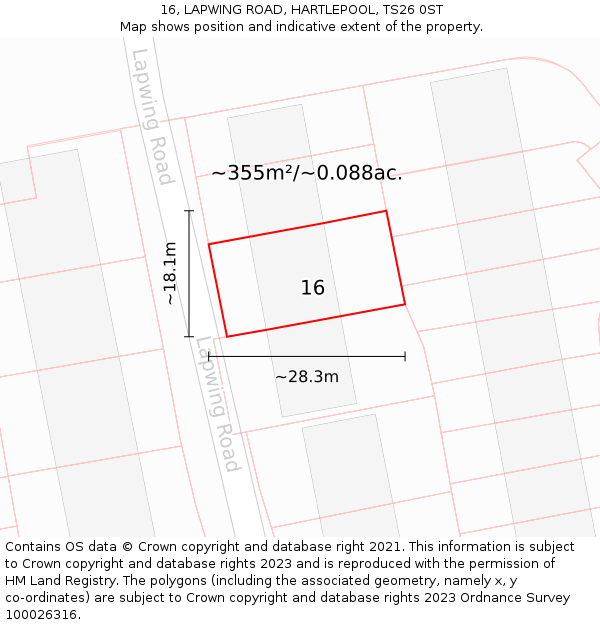 16, LAPWING ROAD, HARTLEPOOL, TS26 0ST: Plot and title map
