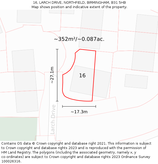 16, LARCH DRIVE, NORTHFIELD, BIRMINGHAM, B31 5HB: Plot and title map