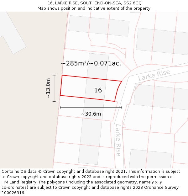 16, LARKE RISE, SOUTHEND-ON-SEA, SS2 6GQ: Plot and title map