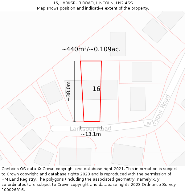 16, LARKSPUR ROAD, LINCOLN, LN2 4SS: Plot and title map
