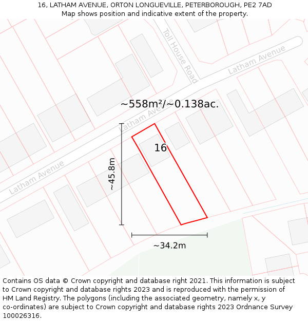 16, LATHAM AVENUE, ORTON LONGUEVILLE, PETERBOROUGH, PE2 7AD: Plot and title map