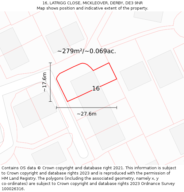 16, LATRIGG CLOSE, MICKLEOVER, DERBY, DE3 9NR: Plot and title map