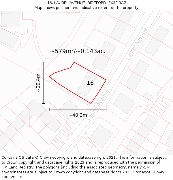 16, LAUREL AVENUE, BIDEFORD, EX39 3AZ: Plot and title map