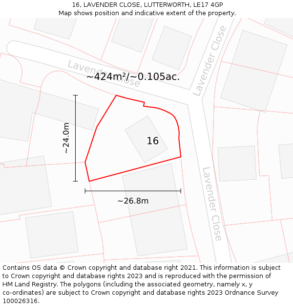 16, LAVENDER CLOSE, LUTTERWORTH, LE17 4GP: Plot and title map