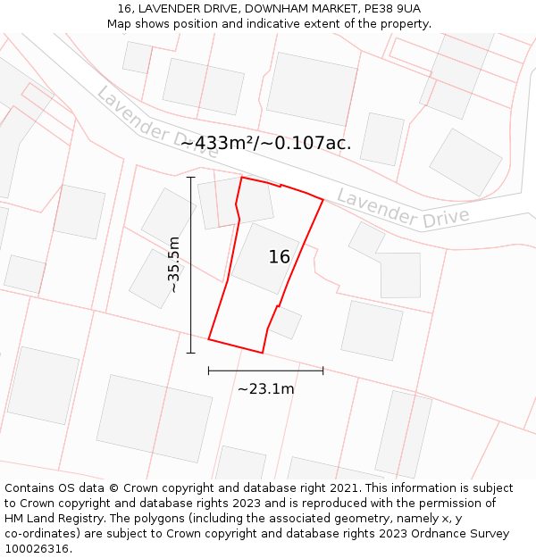 16, LAVENDER DRIVE, DOWNHAM MARKET, PE38 9UA: Plot and title map