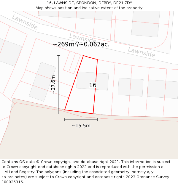 16, LAWNSIDE, SPONDON, DERBY, DE21 7DY: Plot and title map