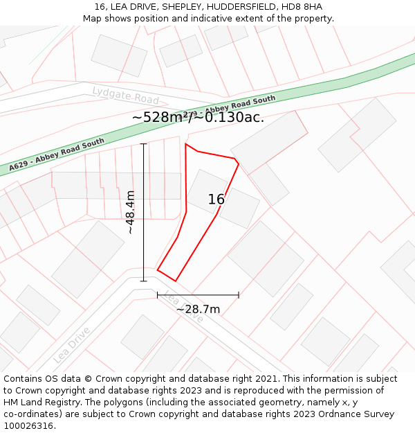 16, LEA DRIVE, SHEPLEY, HUDDERSFIELD, HD8 8HA: Plot and title map