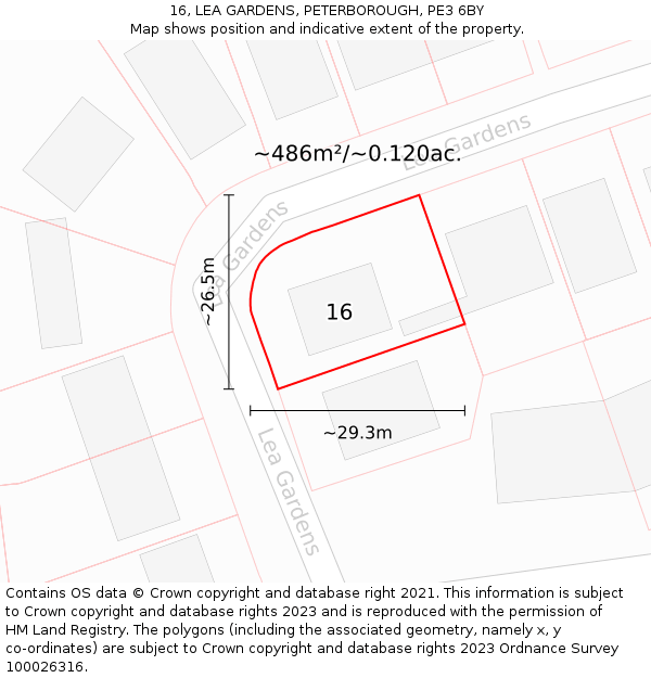 16, LEA GARDENS, PETERBOROUGH, PE3 6BY: Plot and title map