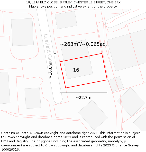 16, LEAFIELD CLOSE, BIRTLEY, CHESTER LE STREET, DH3 1RX: Plot and title map