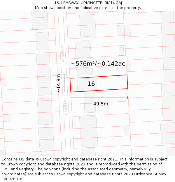 16, LEASWAY, UPMINSTER, RM14 3AJ: Plot and title map