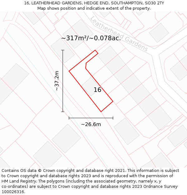 16, LEATHERHEAD GARDENS, HEDGE END, SOUTHAMPTON, SO30 2TY: Plot and title map