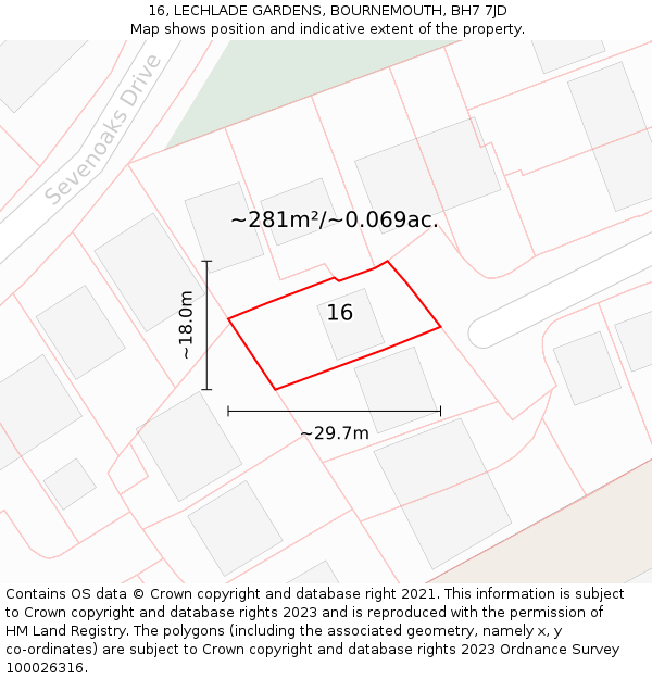 16, LECHLADE GARDENS, BOURNEMOUTH, BH7 7JD: Plot and title map
