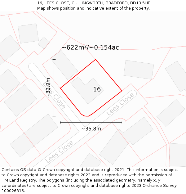 16, LEES CLOSE, CULLINGWORTH, BRADFORD, BD13 5HF: Plot and title map