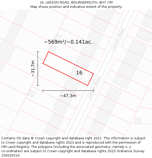 16, LEESON ROAD, BOURNEMOUTH, BH7 7AY: Plot and title map