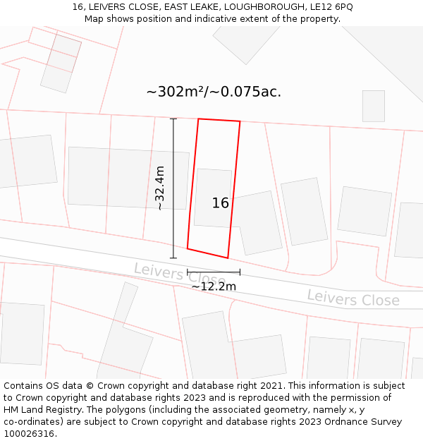 16, LEIVERS CLOSE, EAST LEAKE, LOUGHBOROUGH, LE12 6PQ: Plot and title map