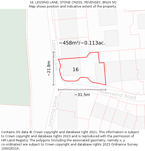 16, LESSING LANE, STONE CROSS, PEVENSEY, BN24 5FJ: Plot and title map