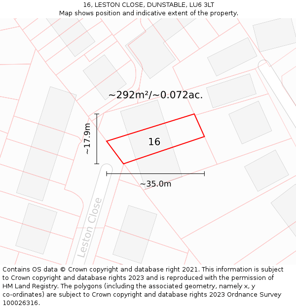 16, LESTON CLOSE, DUNSTABLE, LU6 3LT: Plot and title map