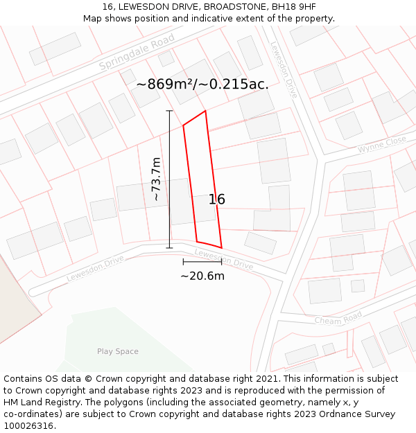 16, LEWESDON DRIVE, BROADSTONE, BH18 9HF: Plot and title map