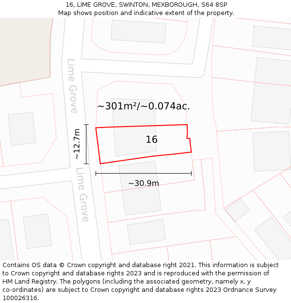 16, LIME GROVE, SWINTON, MEXBOROUGH, S64 8SP: Plot and title map