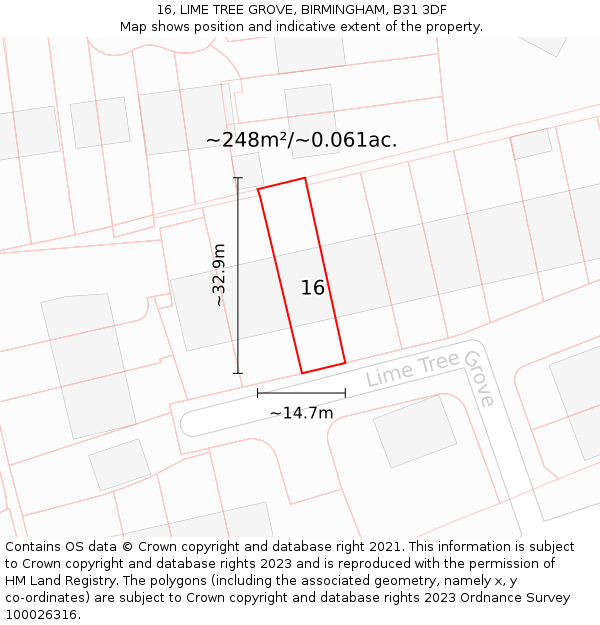16, LIME TREE GROVE, BIRMINGHAM, B31 3DF: Plot and title map