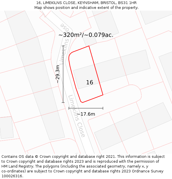 16, LIMEKILNS CLOSE, KEYNSHAM, BRISTOL, BS31 1HR: Plot and title map