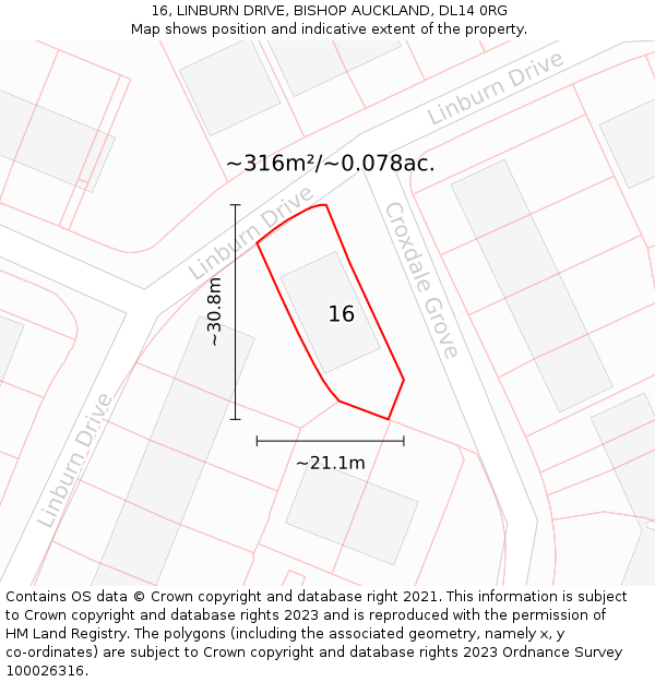 16, LINBURN DRIVE, BISHOP AUCKLAND, DL14 0RG: Plot and title map